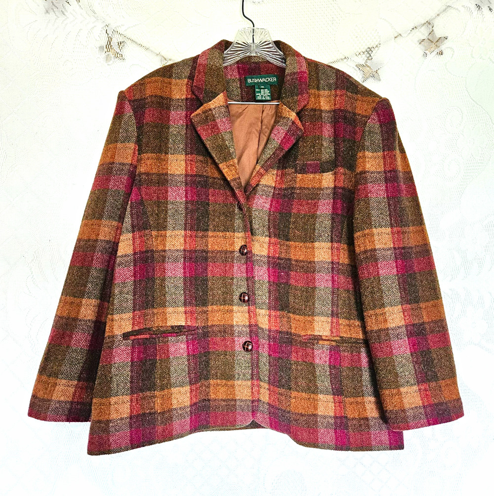 Bushwacker Womens Plaid Wool Blend Blazer Jacket Size 14 Lined Dark Academia
